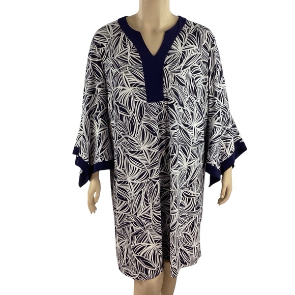 Perceptions Woman 3X Navy Leaf Print Tunic Dress with Split Neck - Picture 1 of 7